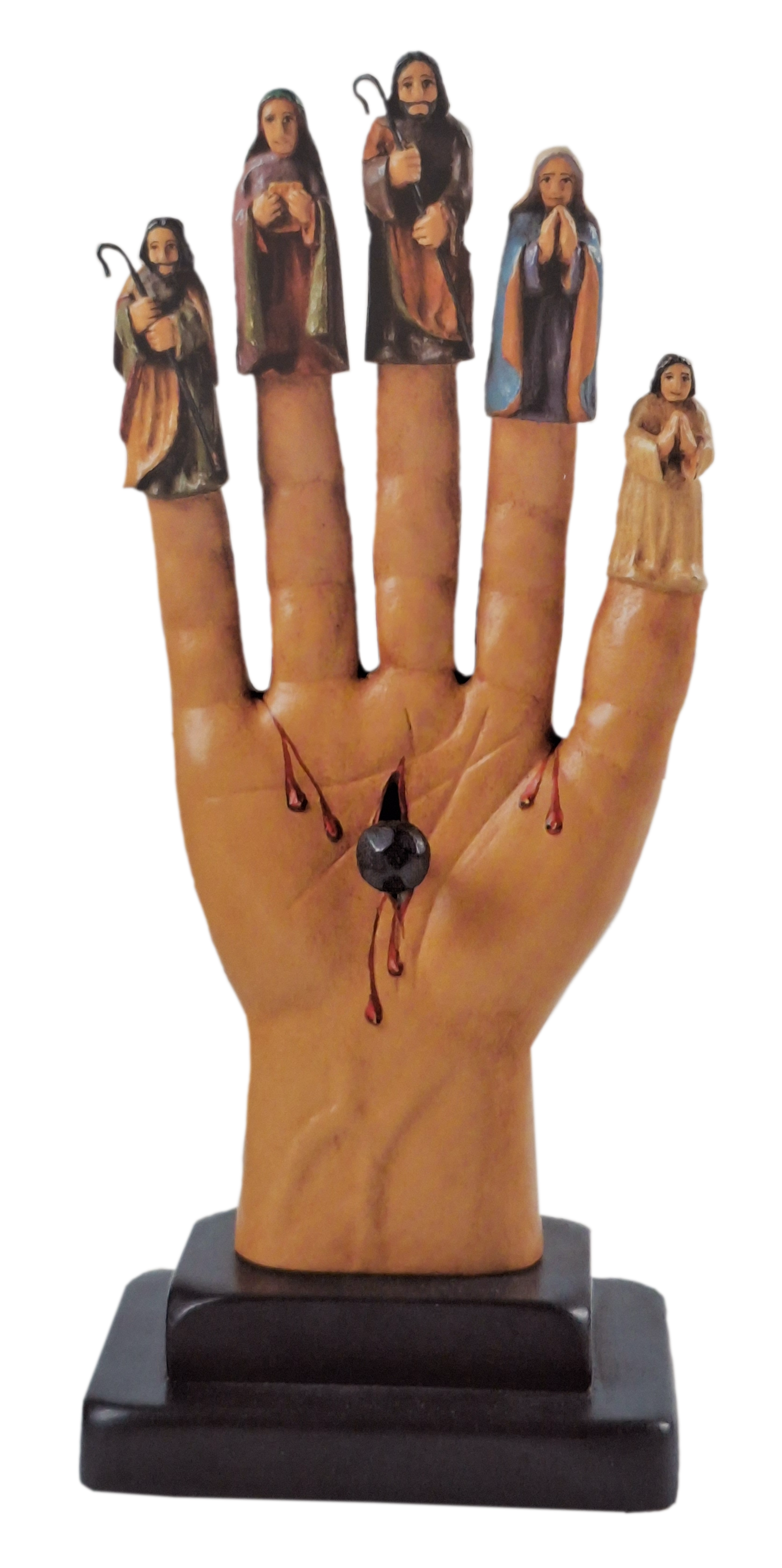 a hand of glory with stigmata and characters on top of each finger