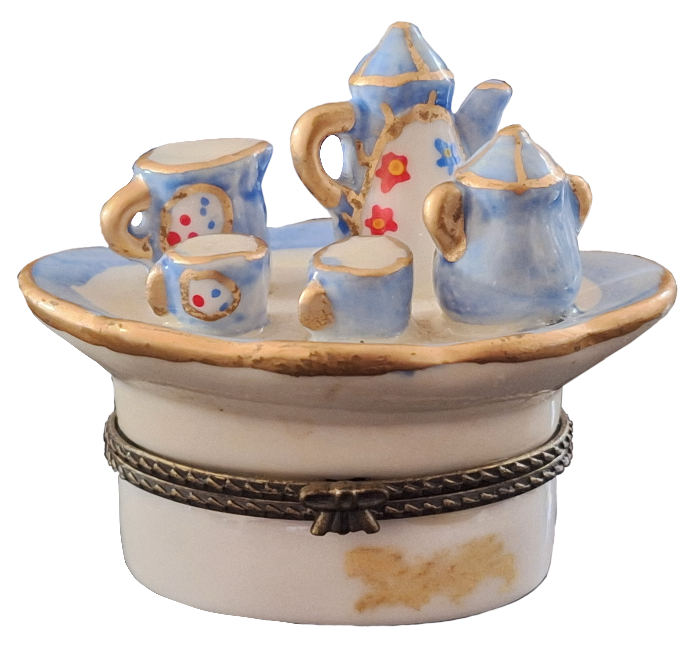 a trinket box with a small tea set on top. from my collection